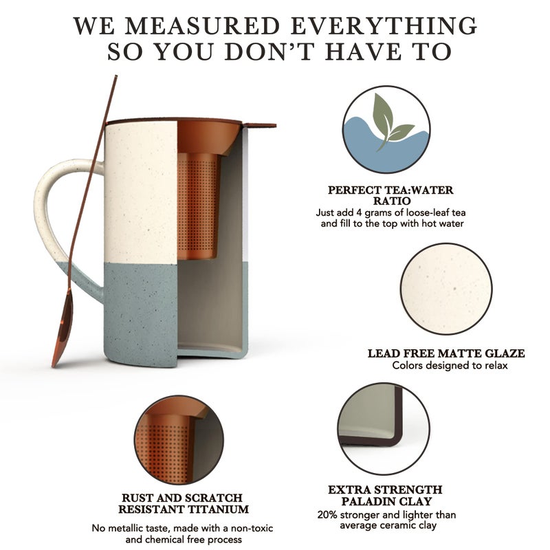 Mora Ceramics Tea Cup with Loose Leaf Infuser, Spoon and Lid, 12 oz, Microwave and Dishwasher Safe Coffee Mug - Rustic Matte Ceramic Glaze, Modern Herbal Tea Strainer - Great Gift for Women, Flint - Image 4